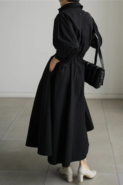 Cotton Long Sleeve A-line Shirt Midi Dress