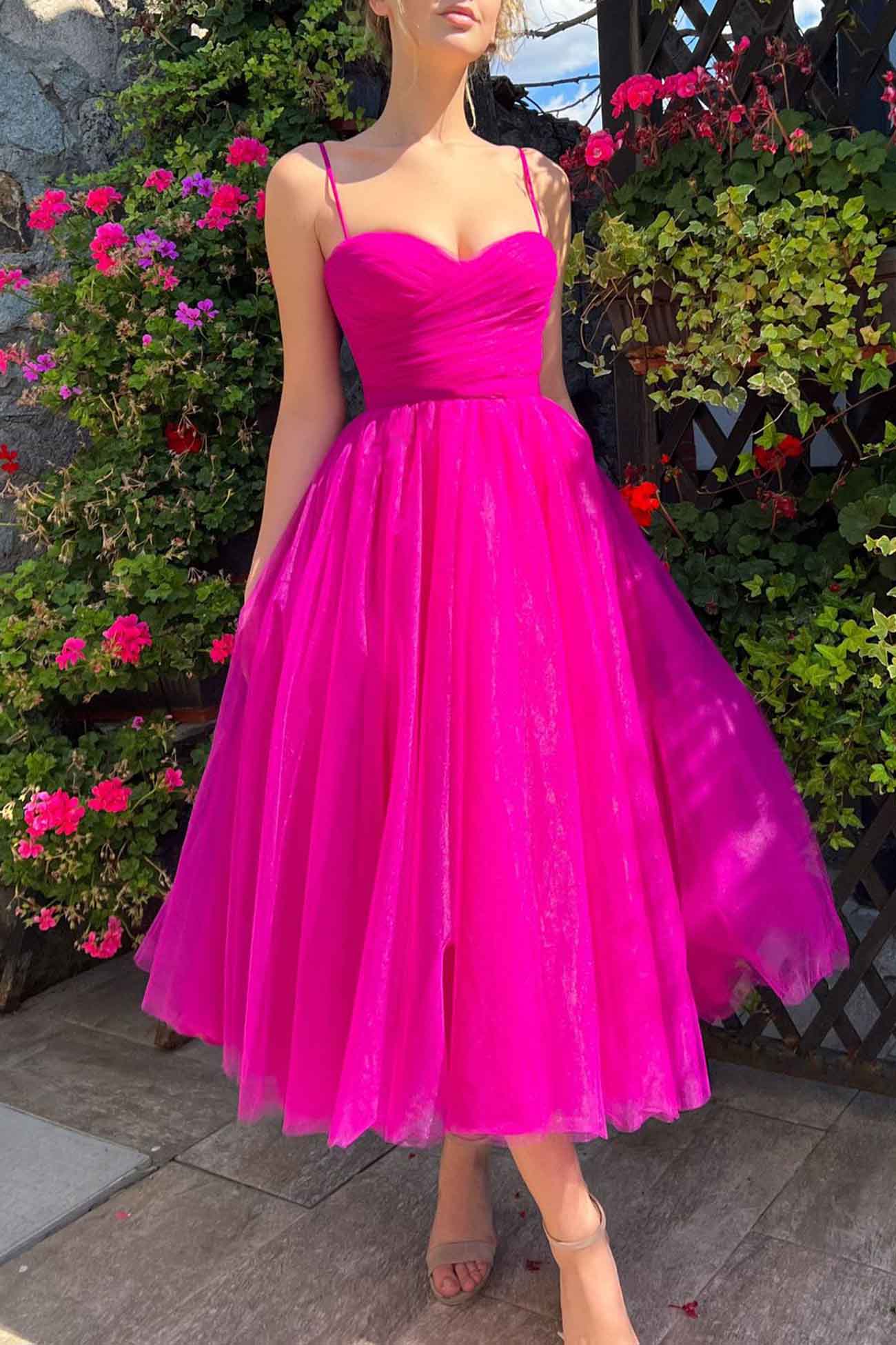 Color Mesh Strappy A-line Dress