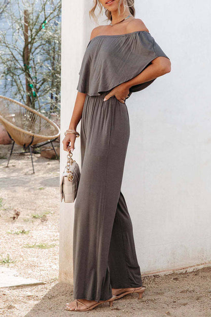 Color Off Shoulder Wide Leg Jumpsuits
