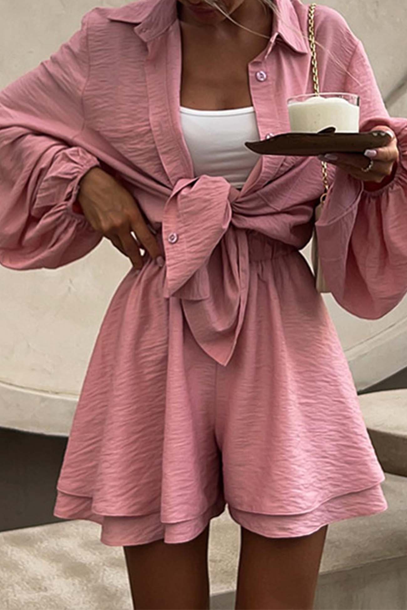 Color Puff Sleeve Shirt Shorts Set