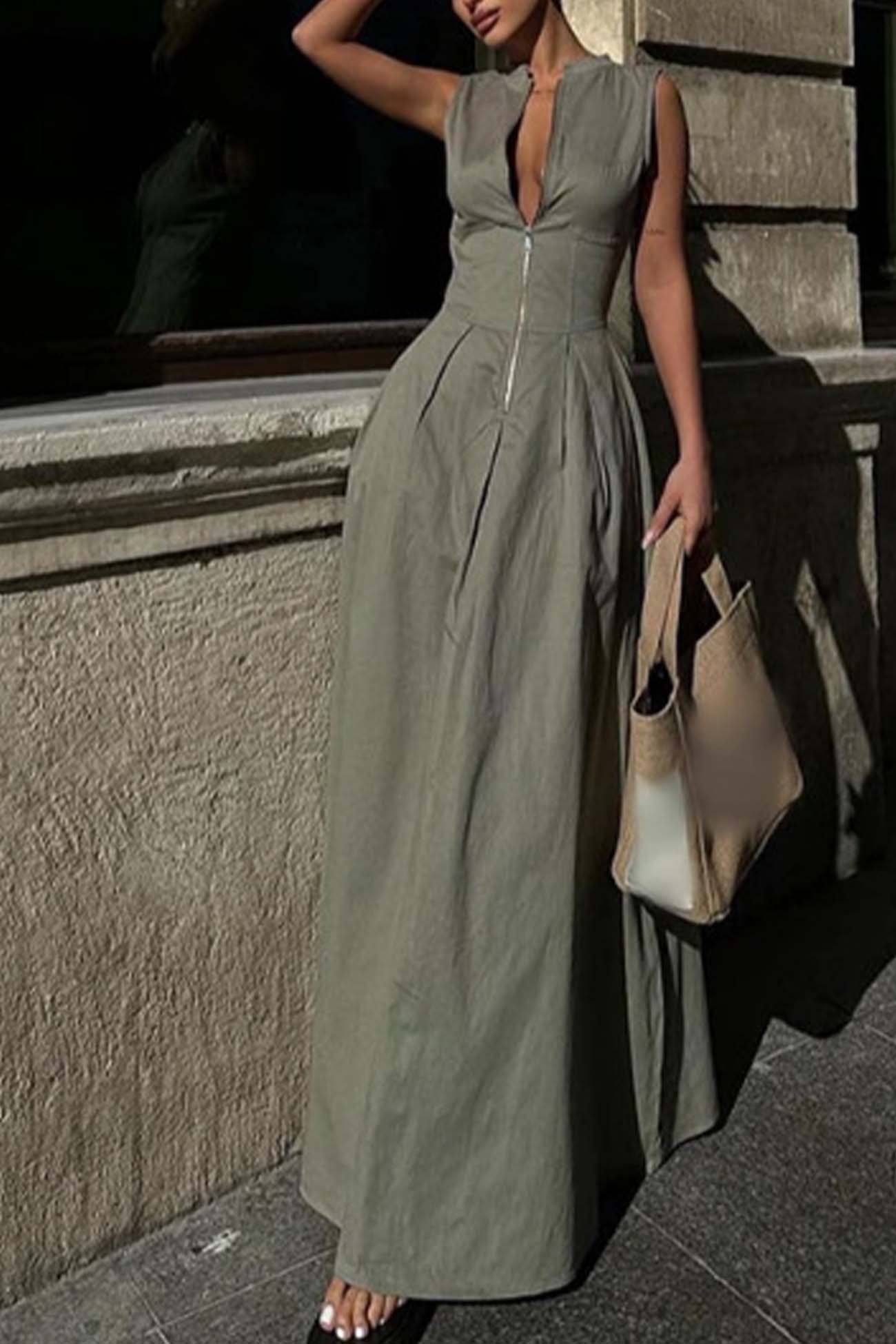 Color Zipper Sleeveless Maxi Dress