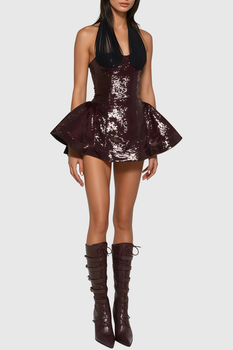 Sonica Mesh Halter Sequin Mini Dress