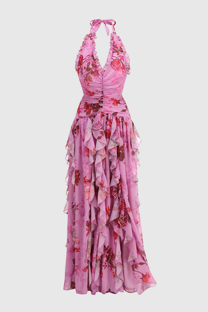 Souza Halter Ruffle Tulle Maxi Dress - Pink