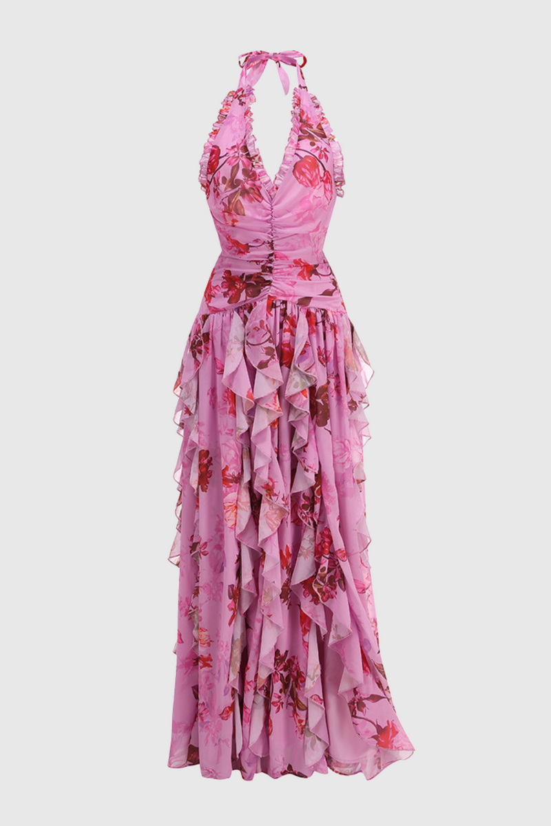 Souza Halter Ruffle Tulle Maxi Dress - Pink