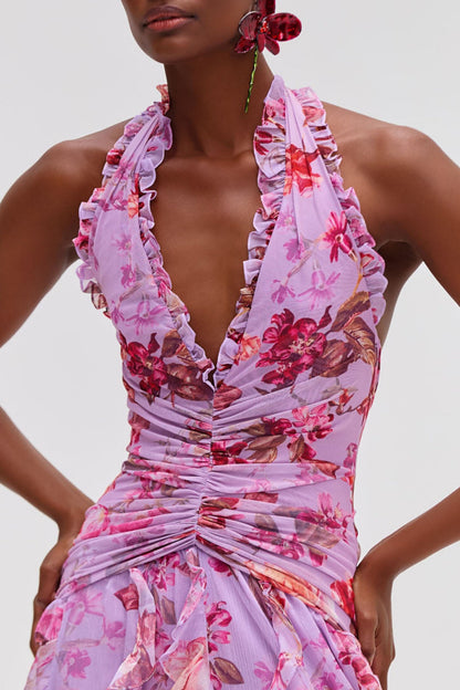 Souza Halter Ruffle Tulle Maxi Dress - Pink
