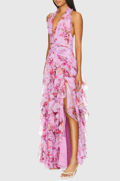 Souza Halter Ruffle Tulle Maxi Dress - Pink