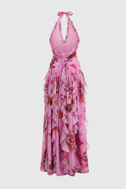 Souza Halter Ruffle Tulle Maxi Dress - Pink