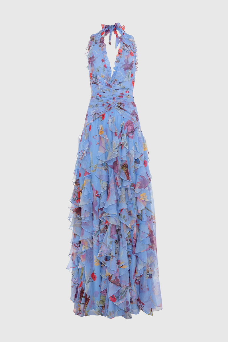 Souza Halter Ruffle Tulle Maxi Dress - Blue