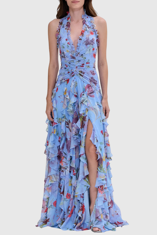 Souza Halter Ruffle Tulle Maxi Dress - Blue