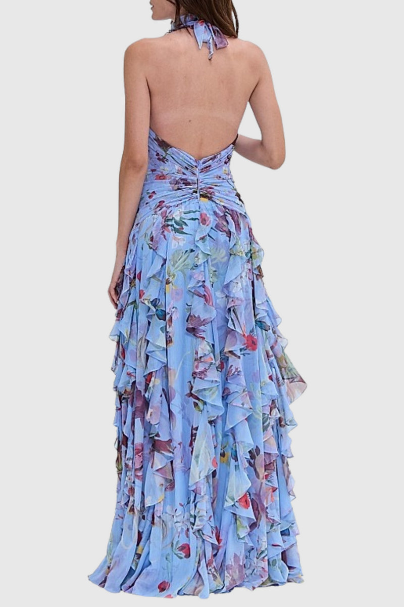 Souza Halter Ruffle Tulle Maxi Dress - Blue