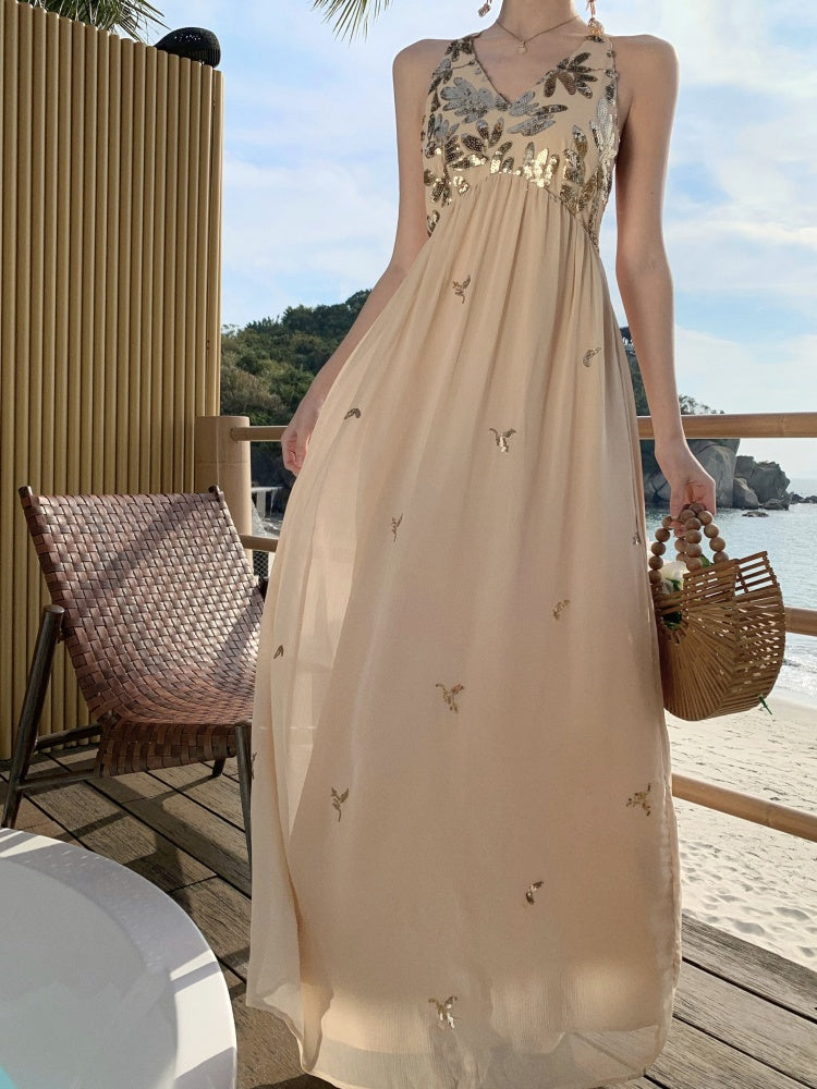 Sparkly French Halter Maxi Dress _ Backless Gown for Beach Vacay