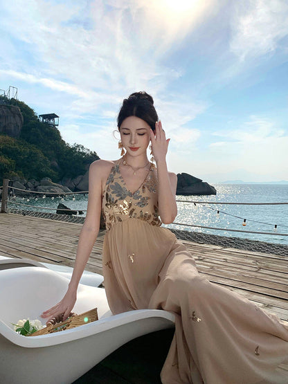 Sparkly French Halter Maxi Dress _ Backless Gown for Beach Vacay