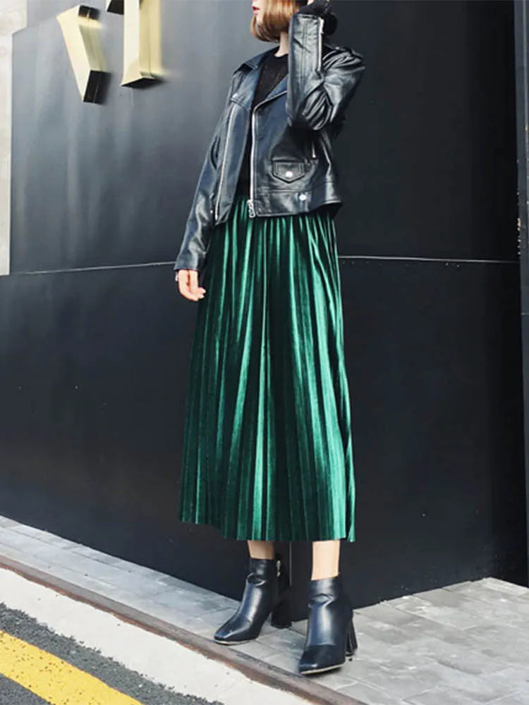 Metallic Silver Pleated High Waist Party Skirt Midi Dresses