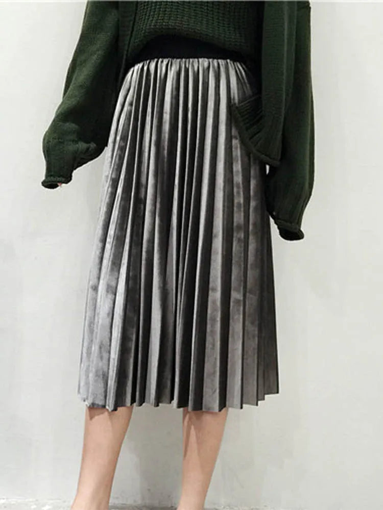 Metallic Silver Pleated High Waist Party Skirt Midi Dresses
