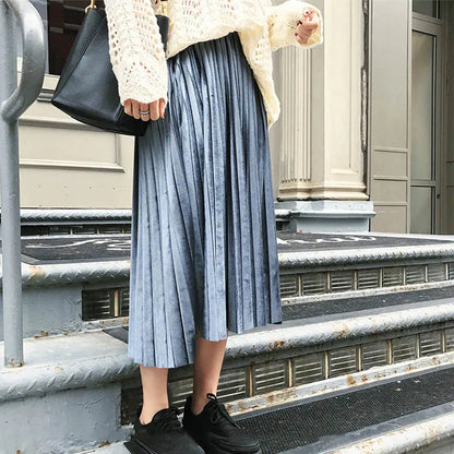 Metallic Silver Pleated High Waist Party Skirt Midi Dresses