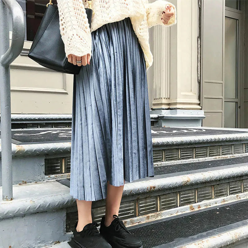 Metallic Silver Pleated High Waist Party Skirt Midi Dresses