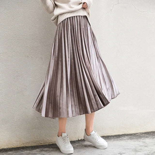 Spring Long Metallic Silver Maxi Pleated Skirt Midi Skirt High Waist Elascity Party Skirt