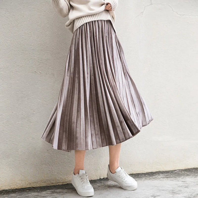 Metallic Silver Pleated High Waist Party Skirt Midi Dresses