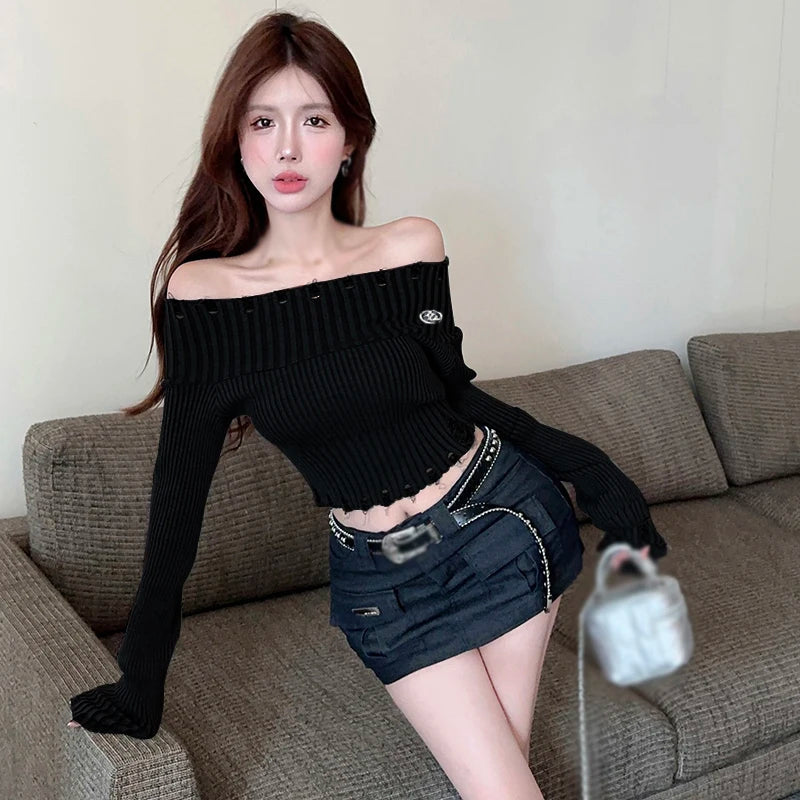 Spring Autumn Off Shoulder Hole Slim Knitted Sweater