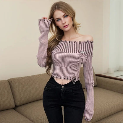 Spring Autumn Off Shoulder Hole Slim Knitted Sweater