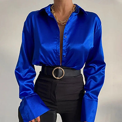 Satin Long Sleeve Blue Blouse