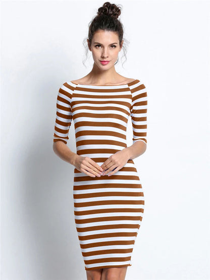 Spring Summer Woman Size Stripe Off Shoulder Long Midi Dresses