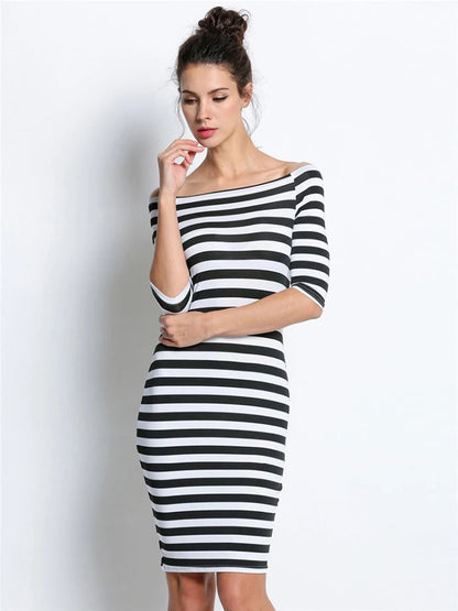 Spring Summer Woman Size Stripe Off Shoulder Long Midi Dresses