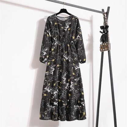 Spring Maxi Full Printed O-neck Woman Bohe Party Midi Dresses
