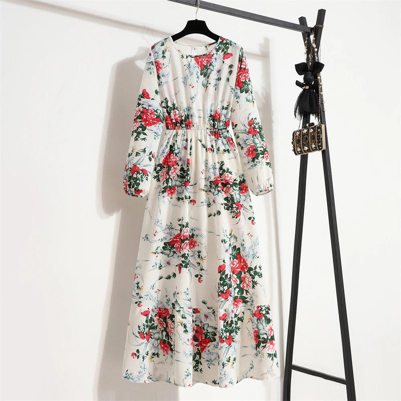 Spring Maxi Full Printed O-neck Woman Bohe Party Midi Dresses