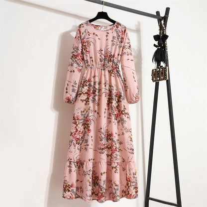 Spring Maxi Full Printed O-neck Woman Bohe Party Midi Dresses