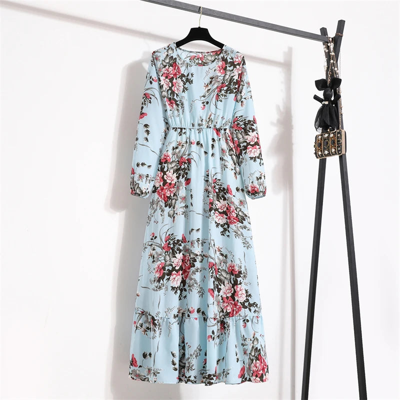 Spring Maxi Full Printed O-neck Woman Bohe Party Midi Dresses