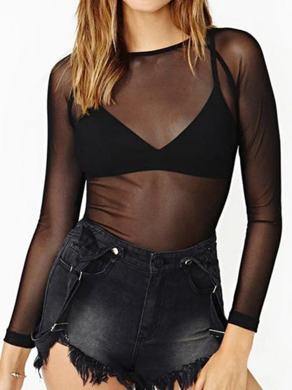 Spring Summer Long Sleeve Black Mesh Top Blouses Transparent Punk Club Shirt Tees Beach Tops