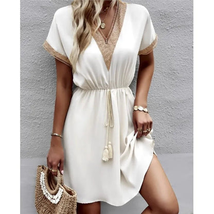 Fresh Sweet Short Lace V-neck Waist Panel Skirt Midi Dresses