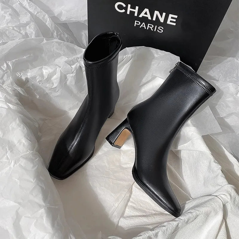 Square Ankle Comfortable Soft Leather High Heel Zipper Ankle Boot