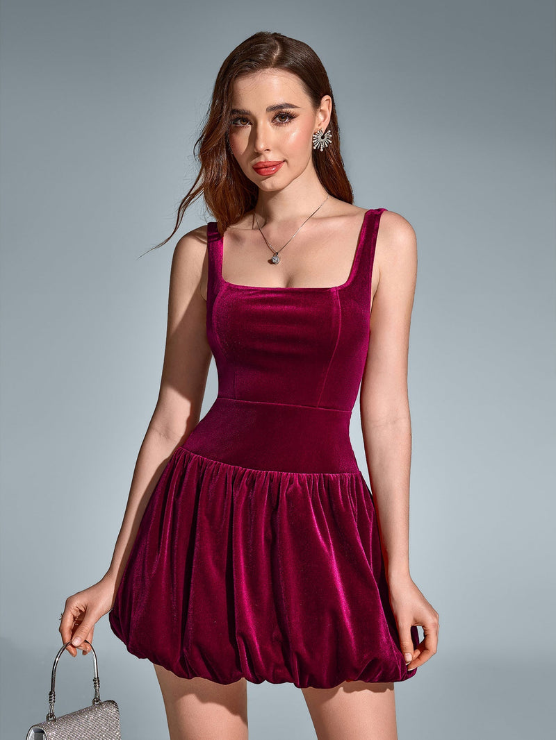 Square Neck Backless Velvet Pleated Hem Dress