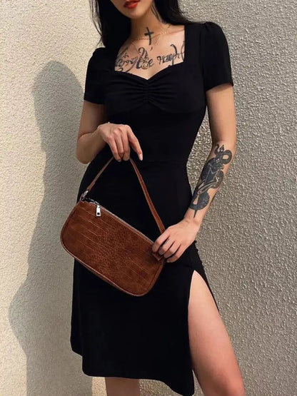 Square Ruched Black Side Split Gothic Sun New Midi Dresses