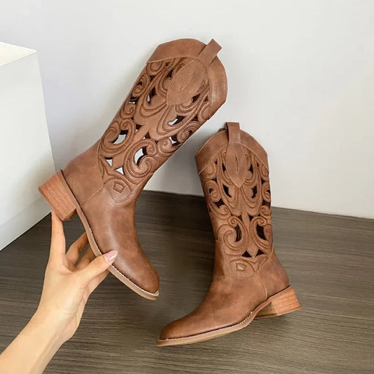 Street Retro Brown Mid Calf Hollow Breathable Western Rider Ankle Boot