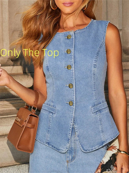 Denim Wide Leg Office Two Piece Set
