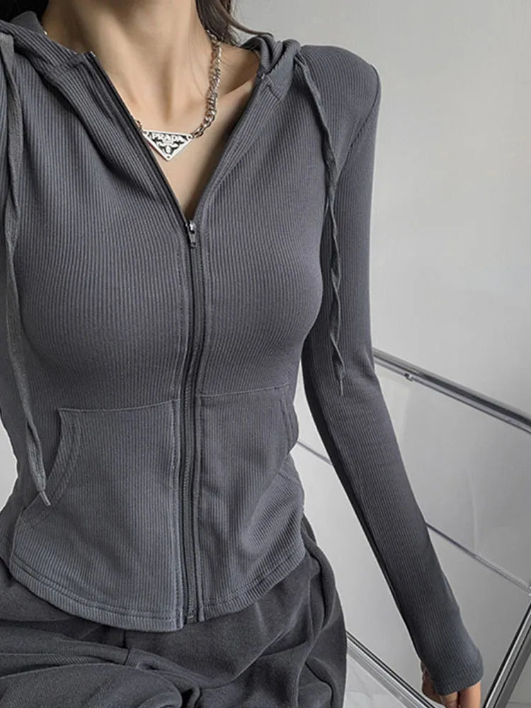 Zip Up T Shirts Hooded Cardigan Long Sleeve Cropped Tops Tracksuit