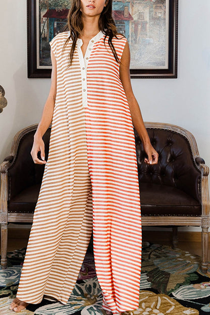 Stripe Oversized Buttoned Front Sleeveless Jumpsuits