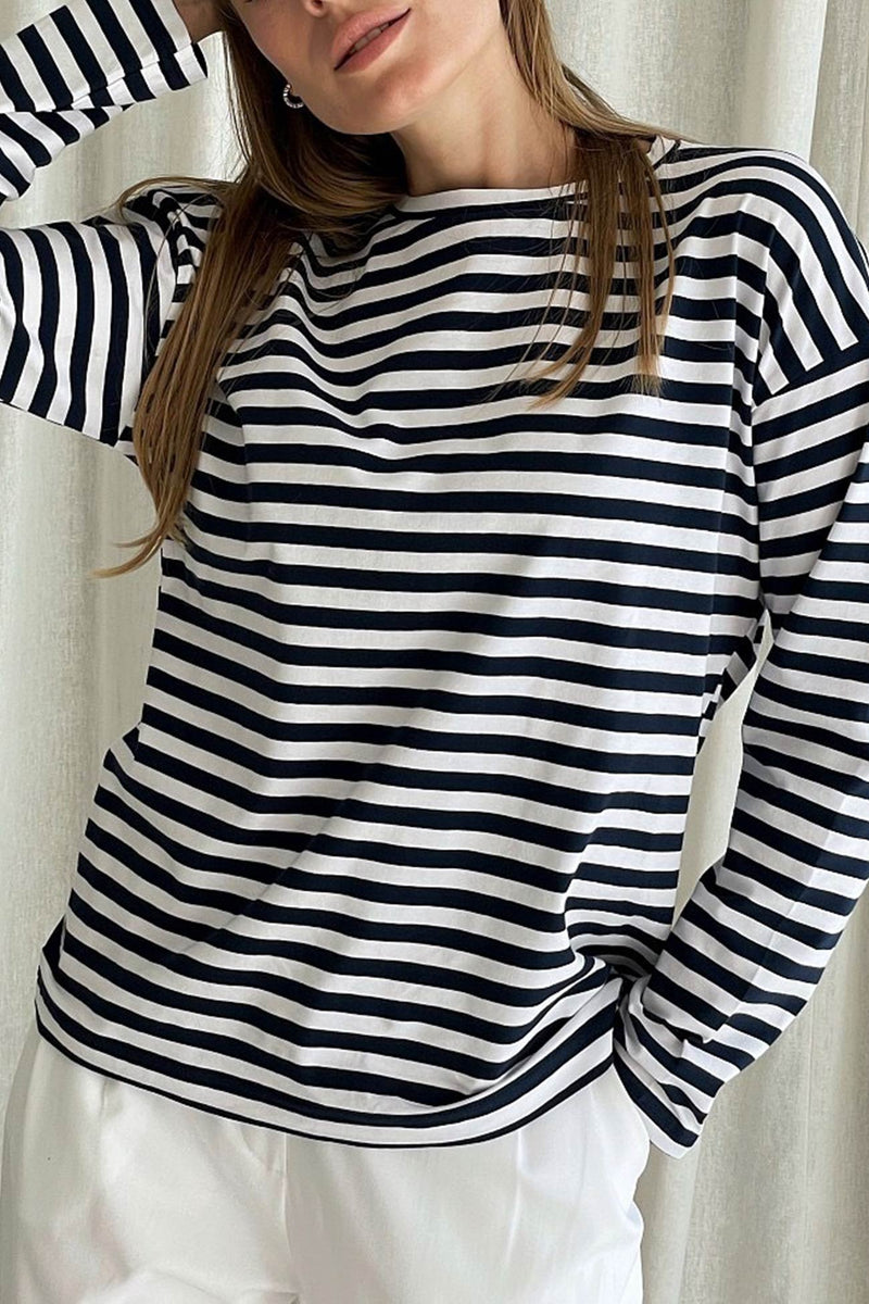 Striped Crew Neck Long Sleeve Cotton T-shirt