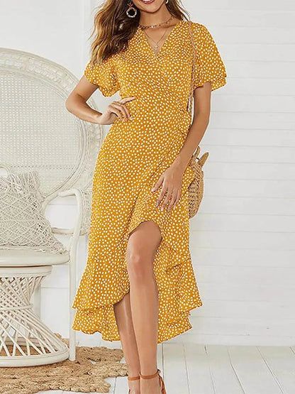 Beach Long Chiffon Ruffles V-neck Party Robe Midi Dresses