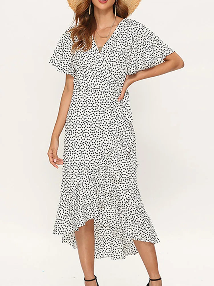 Summer Beach Chiffon Ruffles Wrap V-neck Split Robe Femme Midi Dresses
