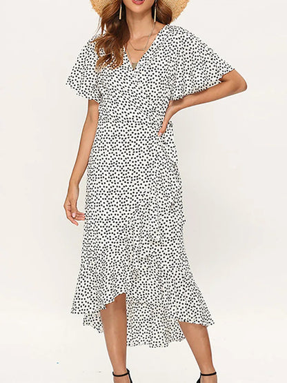 Summer Beach Chiffon Ruffles Wrap V-neck Split Robe Femme Midi Dresses