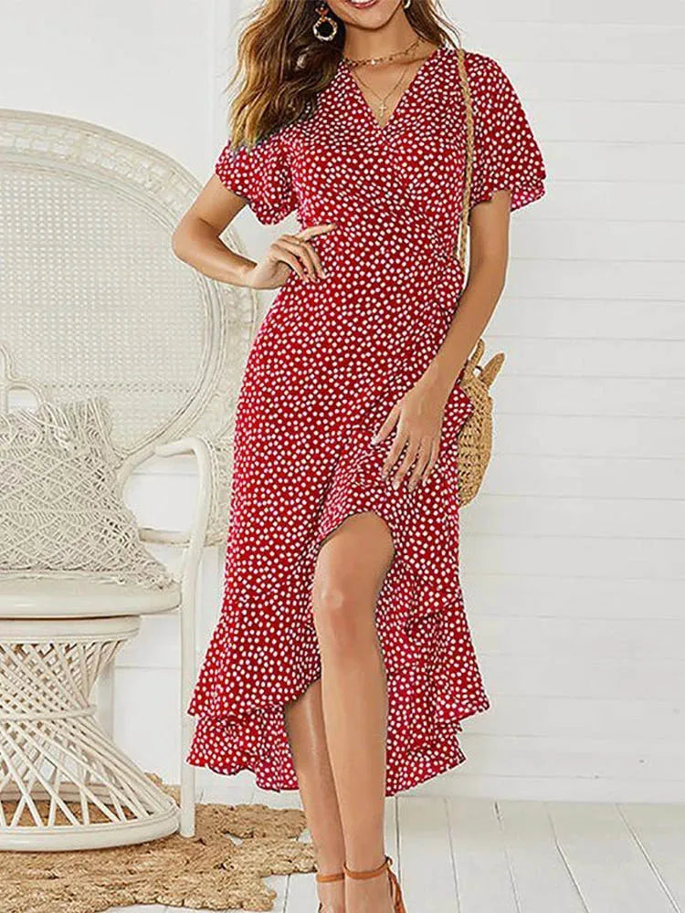 Beach Long Chiffon Ruffles V-neck Party Robe Midi Dresses