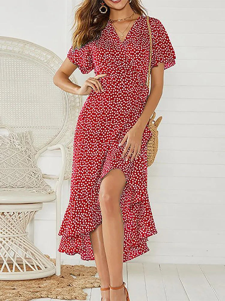 Summer Beach Chiffon Ruffles Wrap V-neck Split Robe Femme Midi Dresses