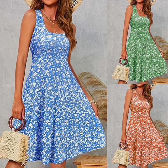 Summer Pirnt Sleveless Midi Dress Knee Length Dresses Fashionova Outfits for
