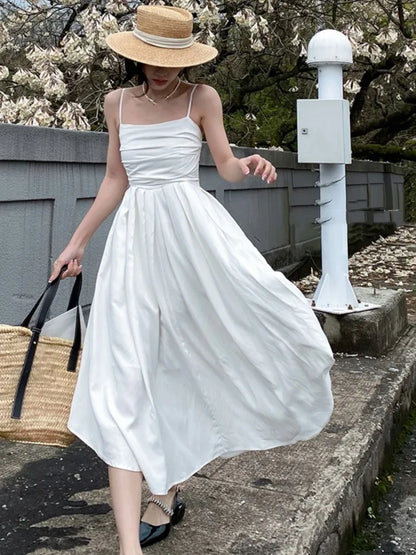 Summer Spaghetti Strap Midi Dress A-line Holiday Beach Style French Korean Slim High Waist Vestido
