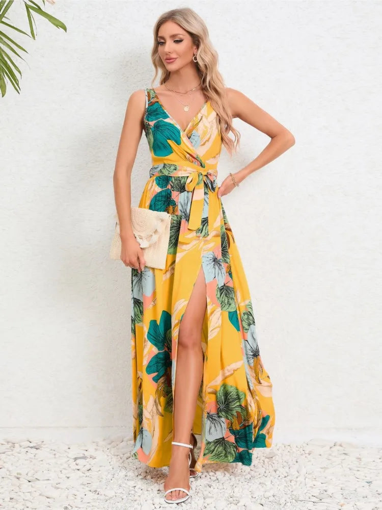 Summer Flower Print Sleeveless Long Dresses V-neck Slim Leace-up Slit Dress Female Commuting Vacation Vestido