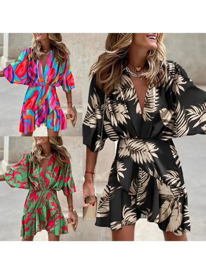 Summer Irregular Mini Dress Print Bohemia Sundress Bat Sleeve Ruffles Vestidos Dresses for